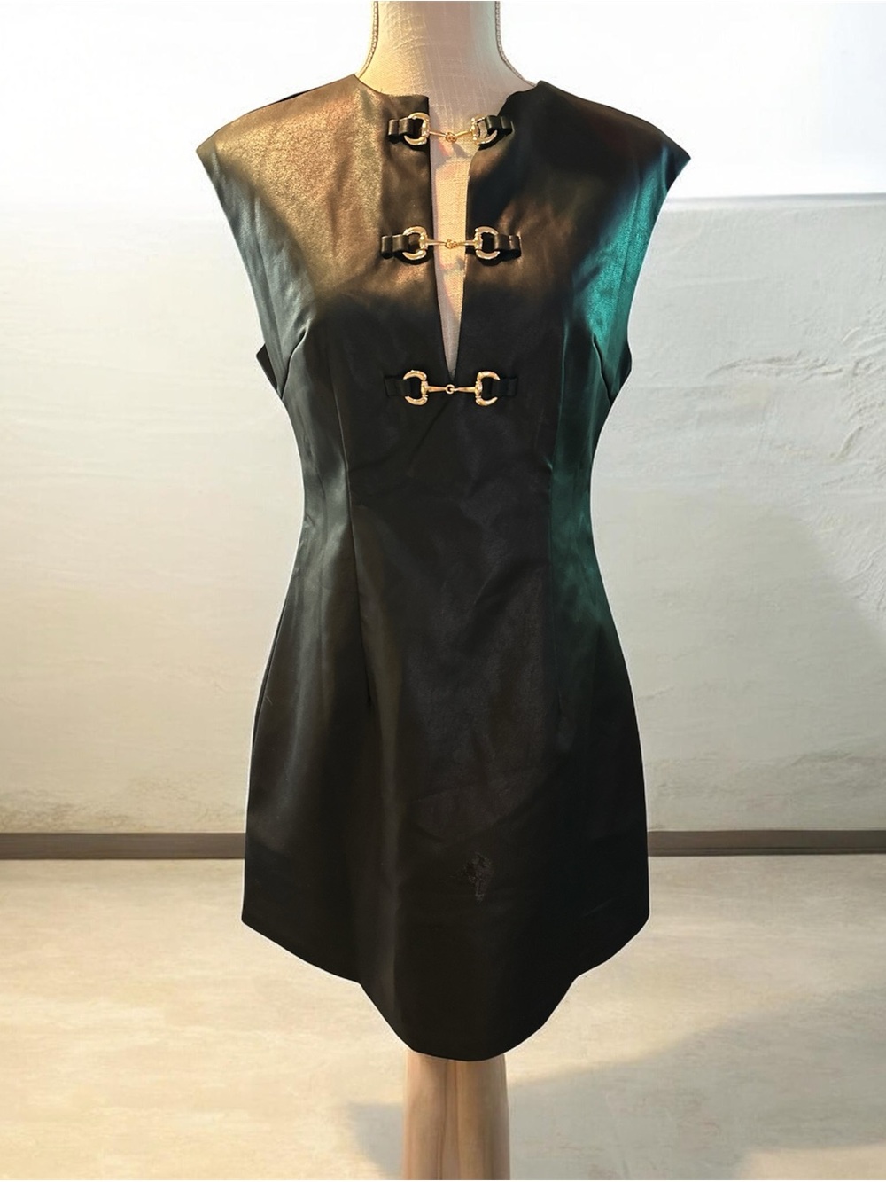 PU Leather Metal Buckle Sleeveless Mini Dress size M